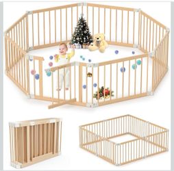 Wooden Baby Playpen Foldable Play Pen for Infants & Toddlers Portable Wood Baby Gate with Lock | 8-12 Panels Expandable & Adjustable Play Yard for Kid