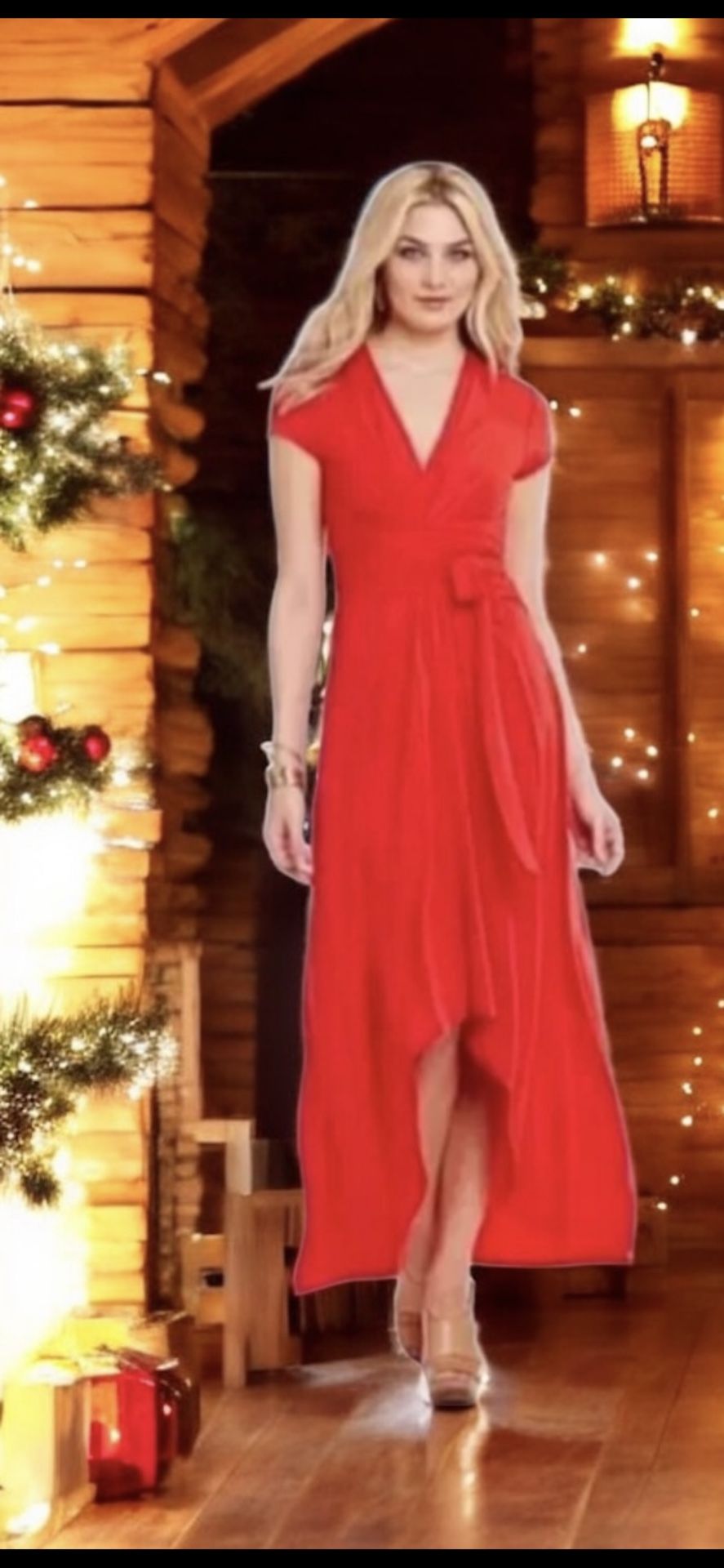 Beautiful Michael Kors Holiday Red Short sleeve, plunge, wrap silhouette, ruched detail, Long Dress