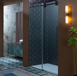 SEAZ-6080-MBL，Frameless Single Sliding Shower Door, 56-60" Width × 80"Height with 3/8"(10mm) Clear Tempered Glass in Matte Black Finish,