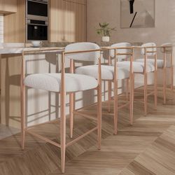 Boucle Dining Arm Barstools Set of 4,with Wood Grain Metal Legs for Kitchen, Living Room, Restaurant, Cafe - Morden Fort