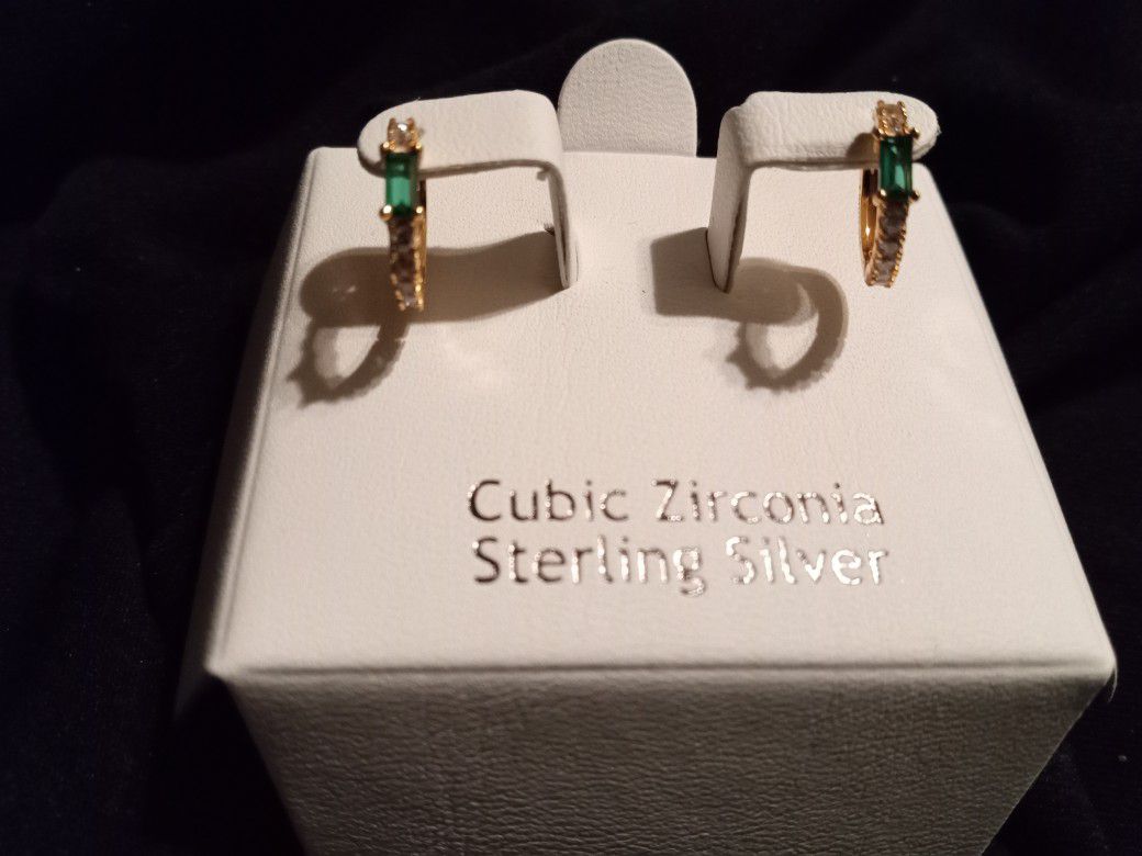 CZ Diamond Hoop Earrings With  Green Stome