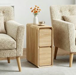 Curved Profile Design Slim End Table for Small Space, Dorm, Bedroom(Natural)