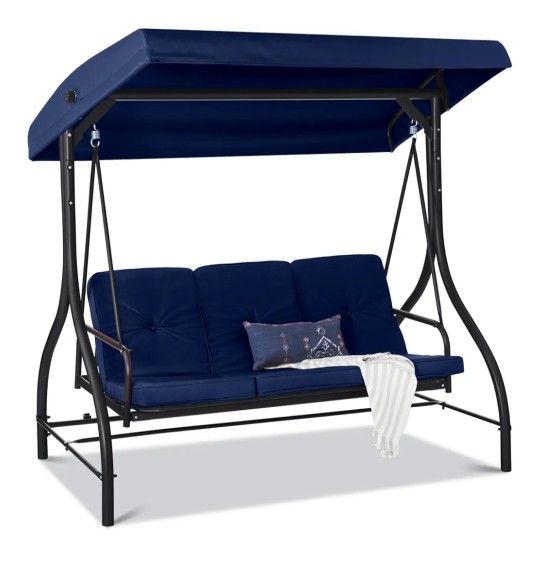 3-Seat Outdoor Large Converting Canopy Swing Glider, Patio Hammock Lounge Chair for Porch, Backyard w/Flatbed, Adjustable Shade, Removable Cushions -