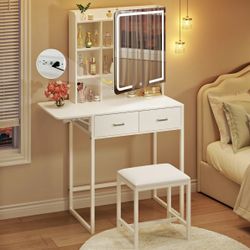 Small Vanity Desk with Mirror Lights, Fabric Storage Drawer & Hidden Storage