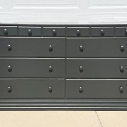 12 Drawer Solid Pine Wood Dresser / Color: Grey / 33” H x 15” D x 55” L 