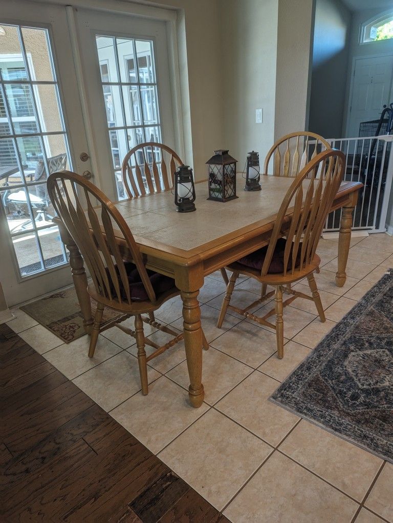 Solid Oak And Stone Top Kitchen Table And Chairs