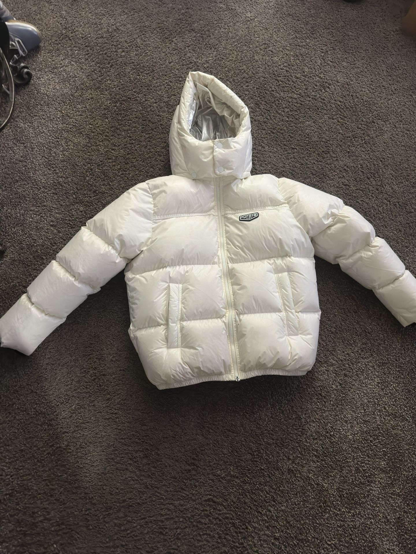 purple brand puffer jacket, white 