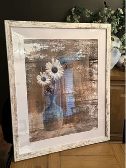 white wash frame with blue floral picture  21.5”x 25.5”