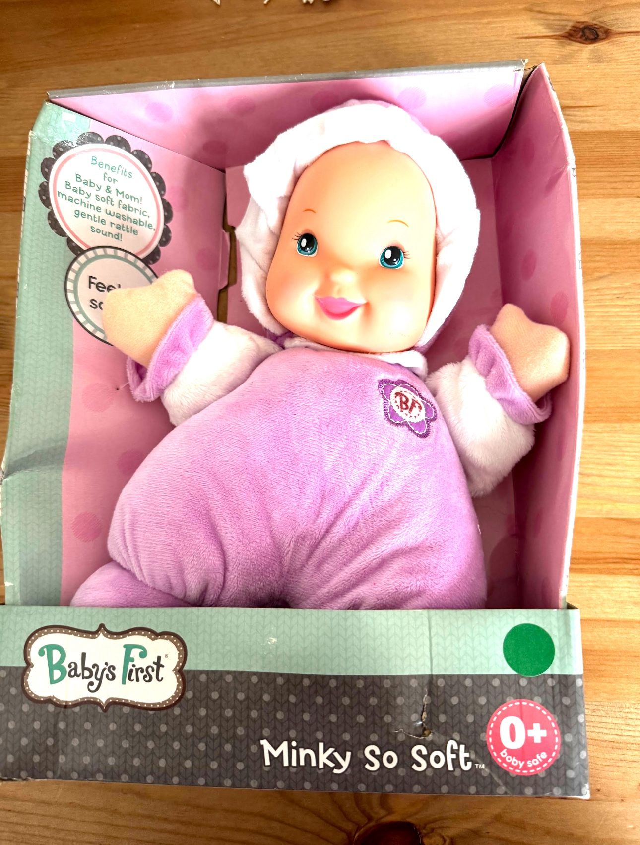 GOLDBERGER BABYS FIRST MINKY SO SOFT PURPLE 11.5" BABY DOLL WASHABLE RATTLE NIB
