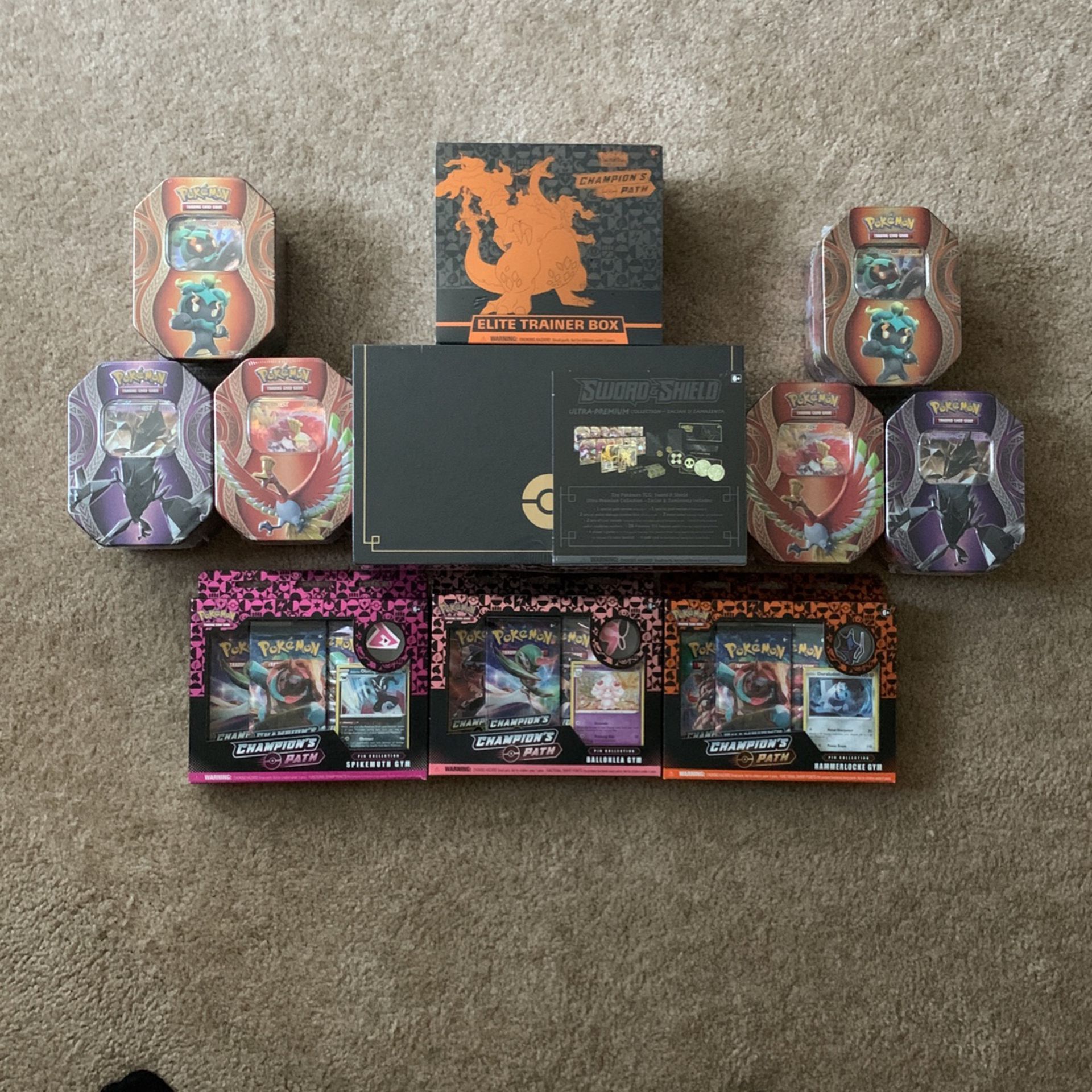 Pokemon Lot: Champions Path ETB & Gym Boxes, Mysterious Powers Tins, Ultra Premium Collection