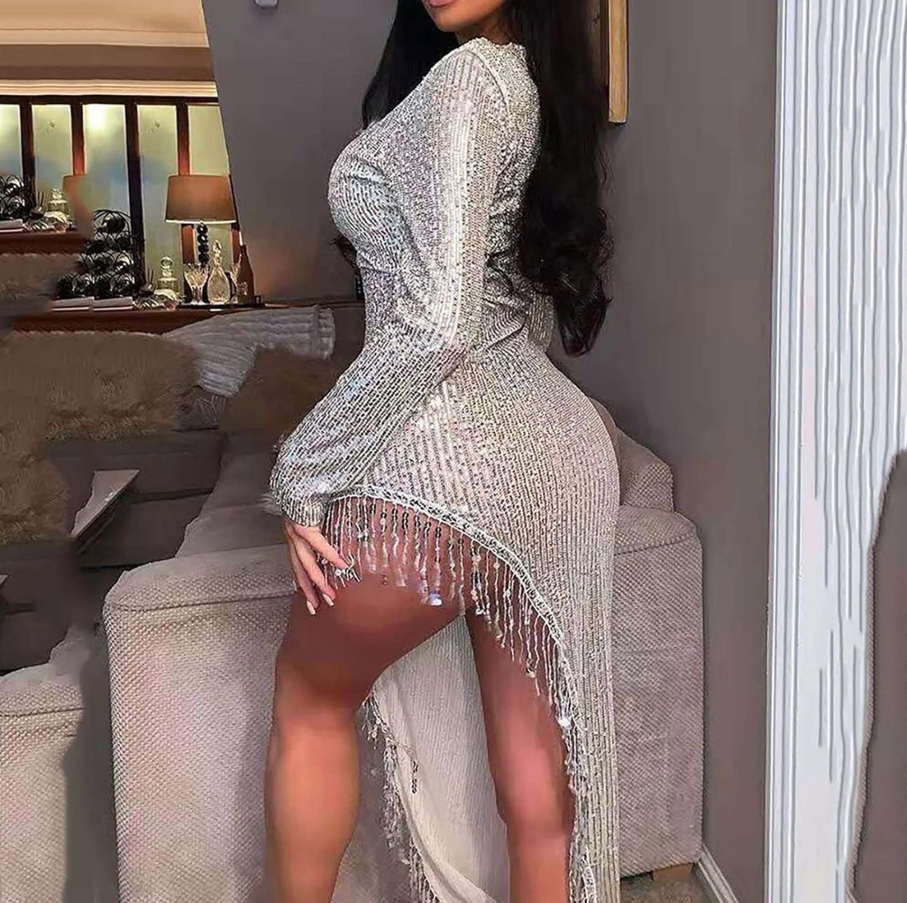 Sparkle Sequin V Neck Long Sleeve Slim Bodycon Dress Warp Solid Tassel