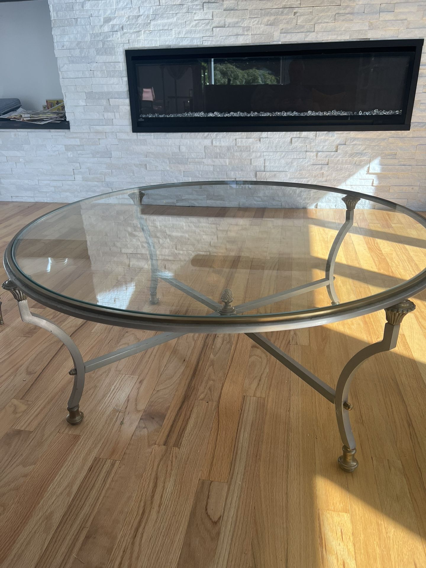 Italian Glass Coffee Table with Metal Frame and Brass Accents – 36” Diameter