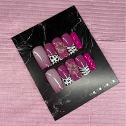 Medium square press on nails animal print 3d gel flower aura design pink white