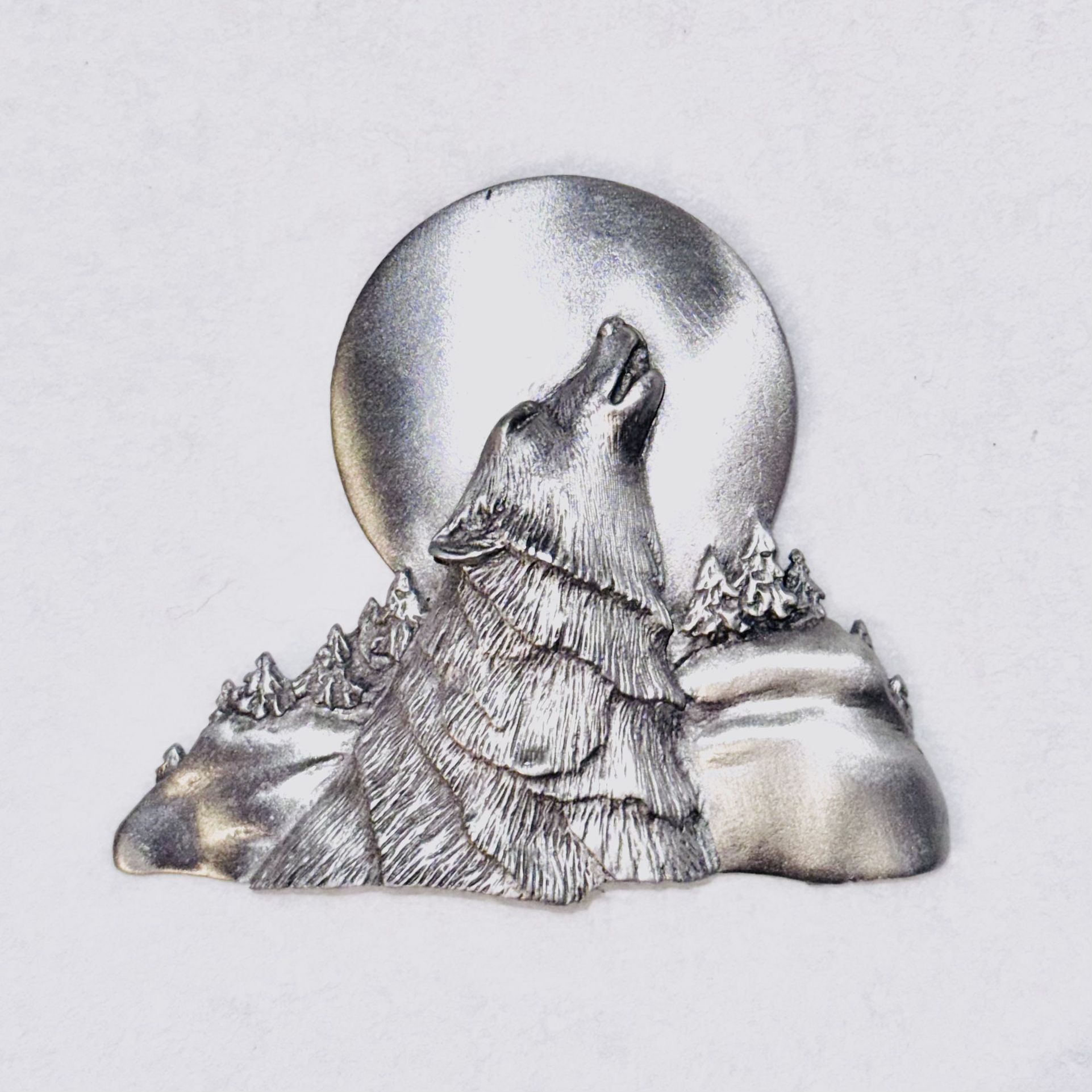 Vintage Wolf Brooch Signed Pewter Howling Moon Mountains Wolves