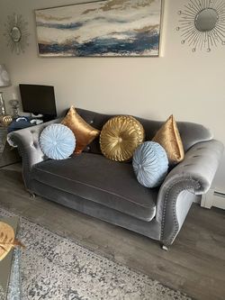 Gray Velvet Chesterfield Sofa with Nailhead Trim