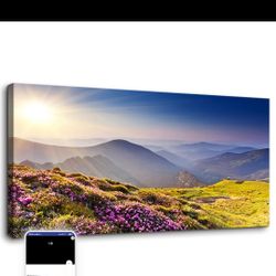 YARUITU Nature Scenery Wall Art Landscape With Flowers, The Sun, Mountain Pictures Painting Print On Canvas