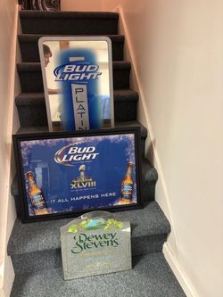Three Bar Mirrors  - Bud Light Super Bowl XLVIII Framed Bar Sign, Bud Light Platinum and vintage Dewey Steven's