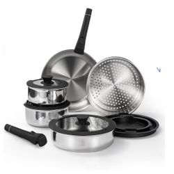 ROYDX16 PCS Pots and Pans Set,18/10 Stainless Steel Cookware Set with Adjustable Detachable Handles for RV,home Dishwasher Safe and Oven Safe