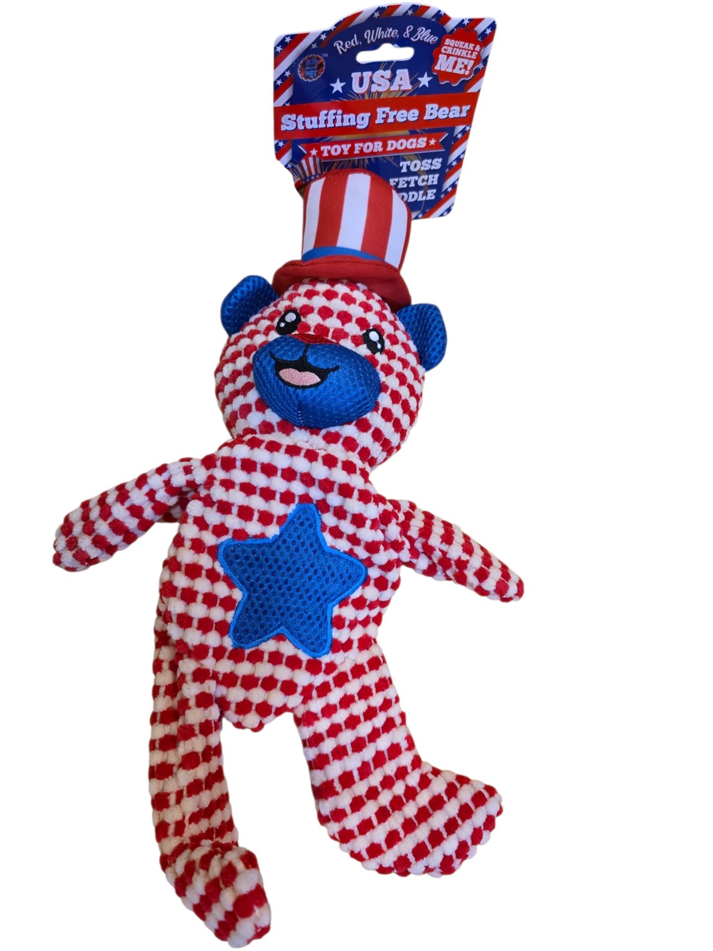 Patriotic Bear Red, White and Blue Stuffing-Free, Stimulating DogToy by BOW-WOW