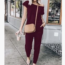 ANRABESS Women's Summer Solid Jumpsuit Casual Loose Short Sleeve Jumpsuit Rompers with Pockets Elastic Waist Playsuit
