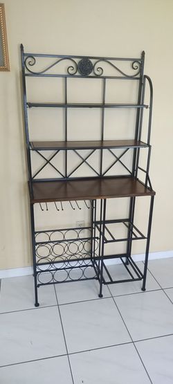 Black Metal BAKER'S RACK w Wine Storage Wood Shelving
