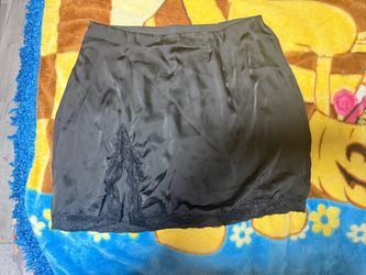 Black Satin Mini Slip Skirt with Lace Trim