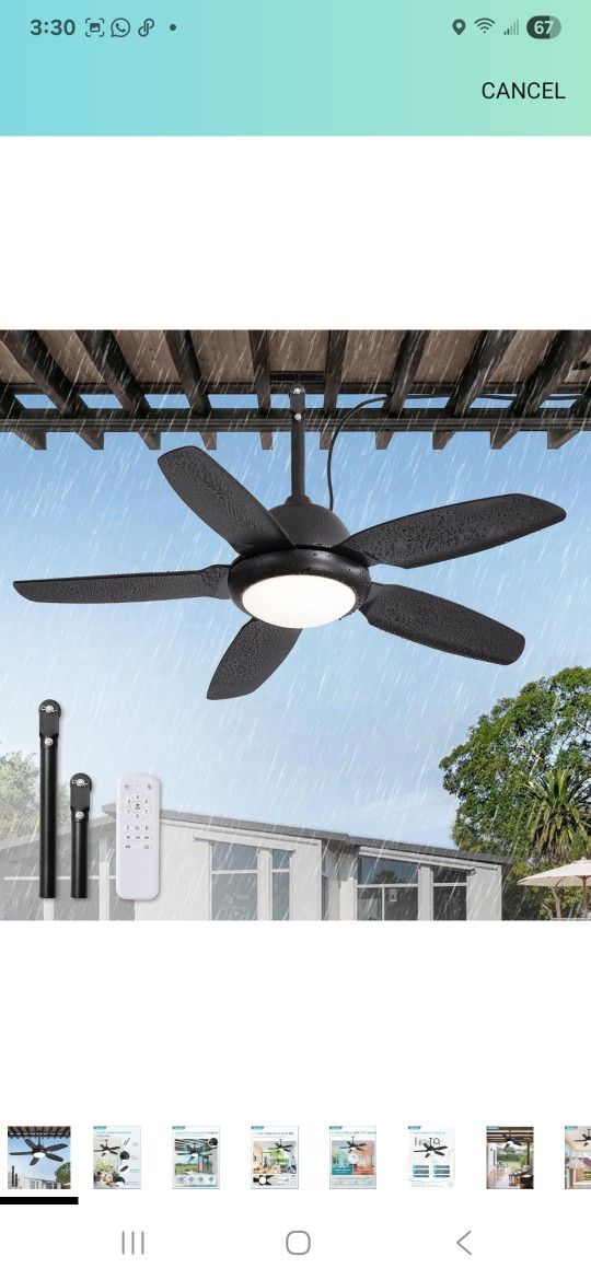 42 Inch Waterproof Outdoor Ceiling Fan with Lights and Remote,IP65 Hanging Gazebo Fan with 3CCT 6-Speed DC Motor,Black Wet Rated Plug in Ceiling Fan w