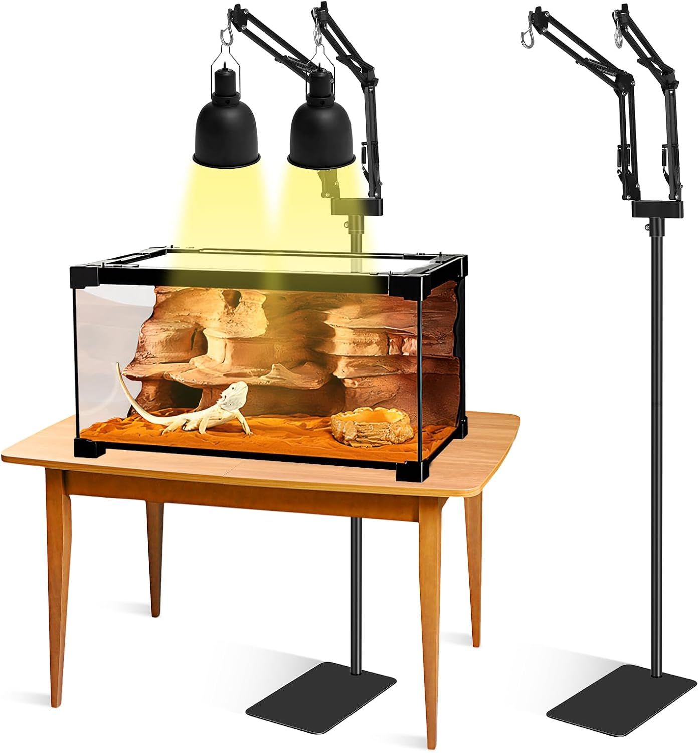 Dual Reptile Lamp Stand - Adjustable Height (15.7in to 74.3in) Metal Light Holder with 2 x 360° Adjustable Arms for Hanging Heat Lamp Fixture Dome Lam