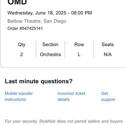 Last Minute OMD Tickets Balboa Theater TONIGHT