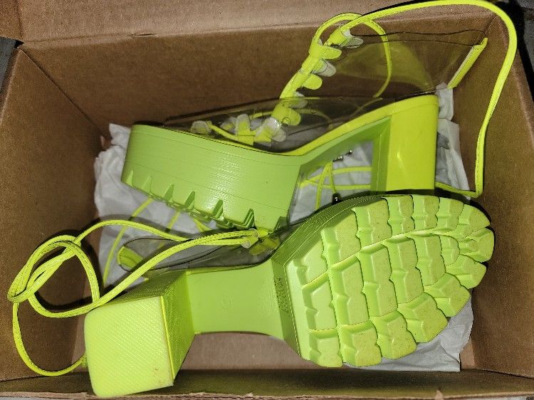 9w Neon Green Clear Vinyl Chunky Platform Lace Up Heels
