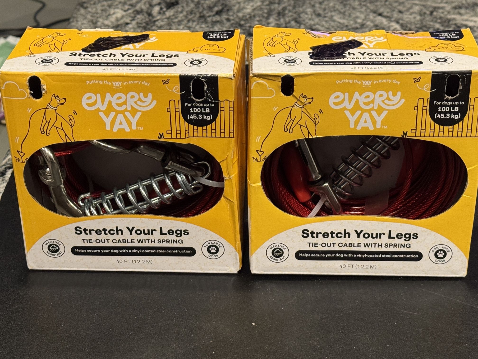 Lot of 2 EveryYay Stretch Your Legs Tie-Out Cable with Spring. This tie-out cable is designed for dogs up to 100 lbs (45.3 kg). It is 40 ft (12.2 m)