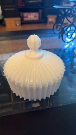 White Milk Glass Ribbed Candy Dish with Lid