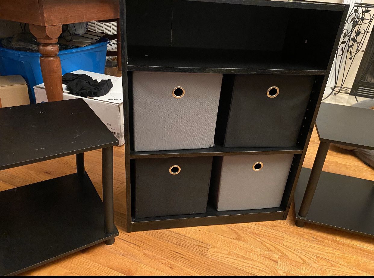 Two end tables and shelves with storage