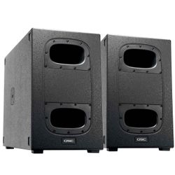 2 QSC KS212C 3600-Watt Dual 12" Active Cardioid Subwoofer with covers and cables.
