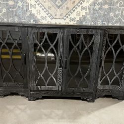 New Sideboard with Glass Door, Curved Line Design Ample Storage Cabinet with 3 Adjustable Shelves