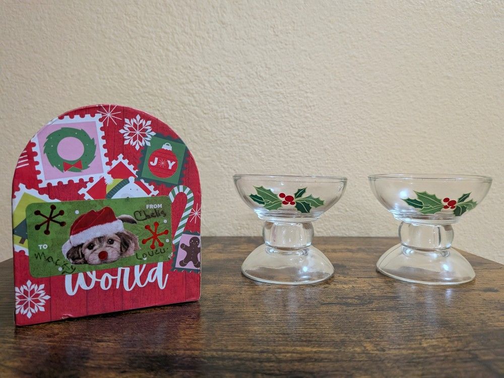 Glass Avon Christmas Candleholders, Reversable Taper or Tealight Holiday Hostess Candle Holders with Holly and Berries.