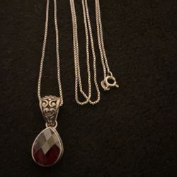 24” Vintage Sterling Silver 925 Necklace With Solid Pendant With Genuine Ruby Stone