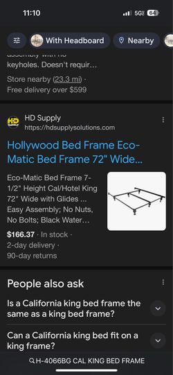 Hollywood Bed Frame Eco-Matic Bed Frame 72" Wide Cal/Hotel, Nith Glides