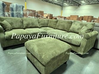 NEW Vintage Green Fabric Sectional Sofa and Ottoman Set Ashley Style Discount Furniture BIG CLOSEOUT Clearance SALE Black White Beige Dark Grey