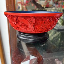 Vintage Chinese Hand Carved Cinnabar Bowl Red Lacquer Blue