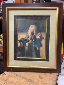 Vintage Framed Girl with Doll & Dog Print – 12x16