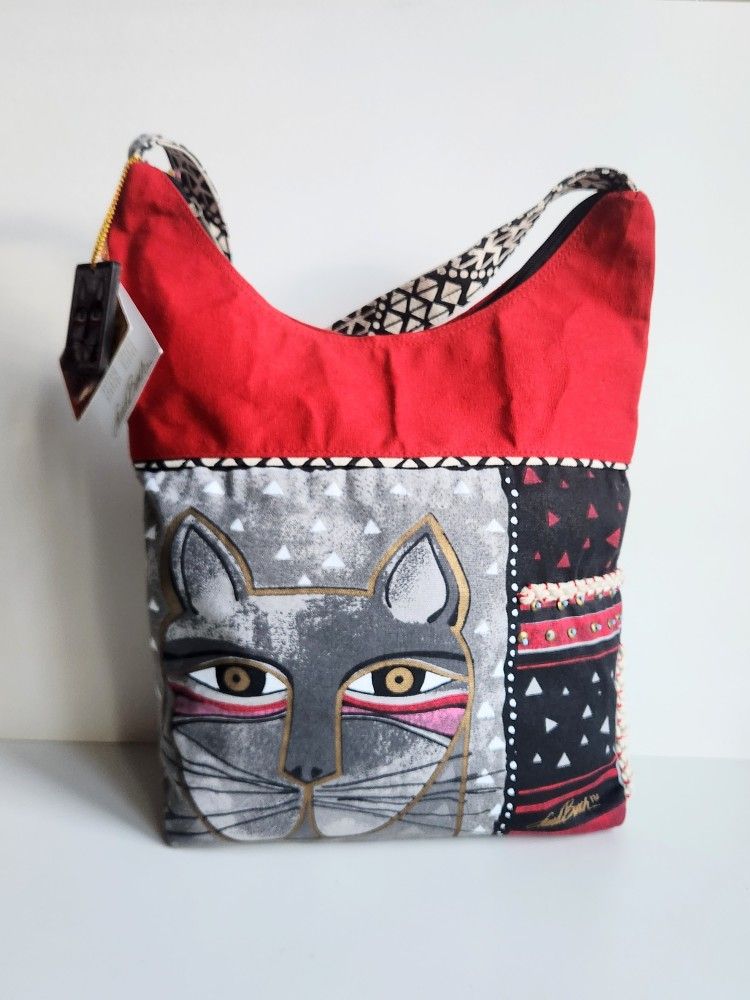 LAUREL BURCH Festive Whiskered Cat Canvas Tote Bag Handbag Shoulder Bag NWT