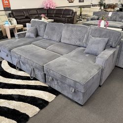 Gray Sofa Sectional Double Chaise & Sleeper + Storage 