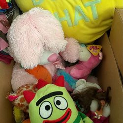 Box of stuffed toys and pillow