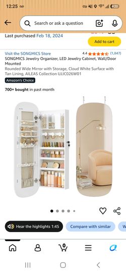 SONGMICS Jewelry Organizer, LED Jewelry Cabinet, Wall/Door Mounted
Rounded Wide Mirror with Storage, Cloud White Surface with Tan Lining, AILEAS Colle