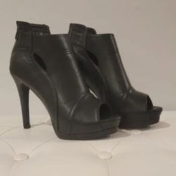 Peep toe black stiletto heels booties