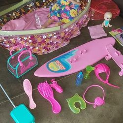 Used Pool/Beach Barbie Doll And Accessories 