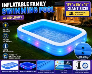 Inflatable Family Swimming Pool w/ LED Lights 119” x 86” x 17” – New Sealed