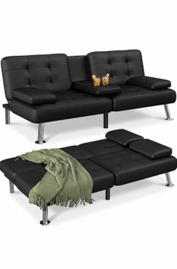 Flamaker Futon Sofa Bed, Black Faux Leather Convertible Loveseat Couch