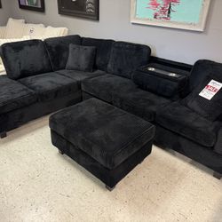 BLACK SOFT CORDUROY SECTIONAL WITH OTTOMAN COUCH SET